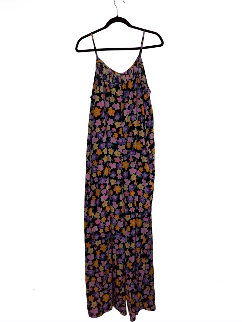 🌼EUC SHEIN "All Over Happy🙂Floral🌼 Wide Leg Jumpsuit w/Pockets🤗" Black🖤 Sz 2XL - Picture 7 of 12